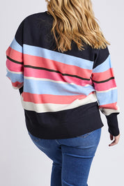 A model wearing the Lacey Stripe Knit in colour Navypink, from the back