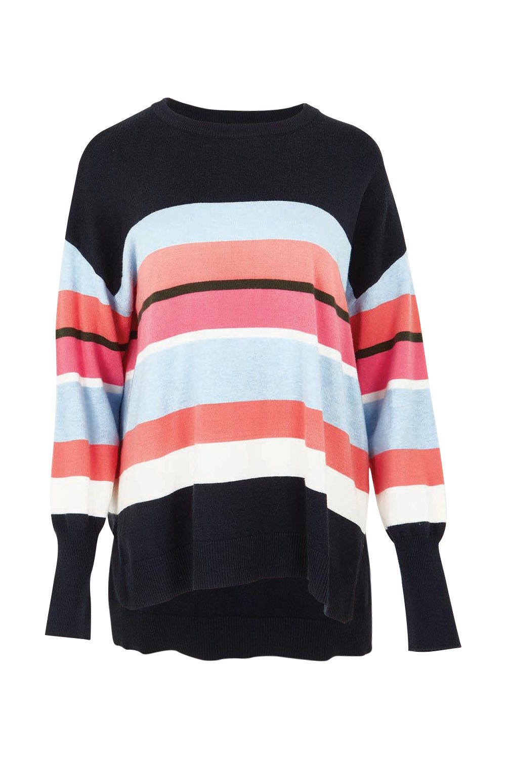 Product shot of the Lacey Stripe Knit in colour Navypink, from the front