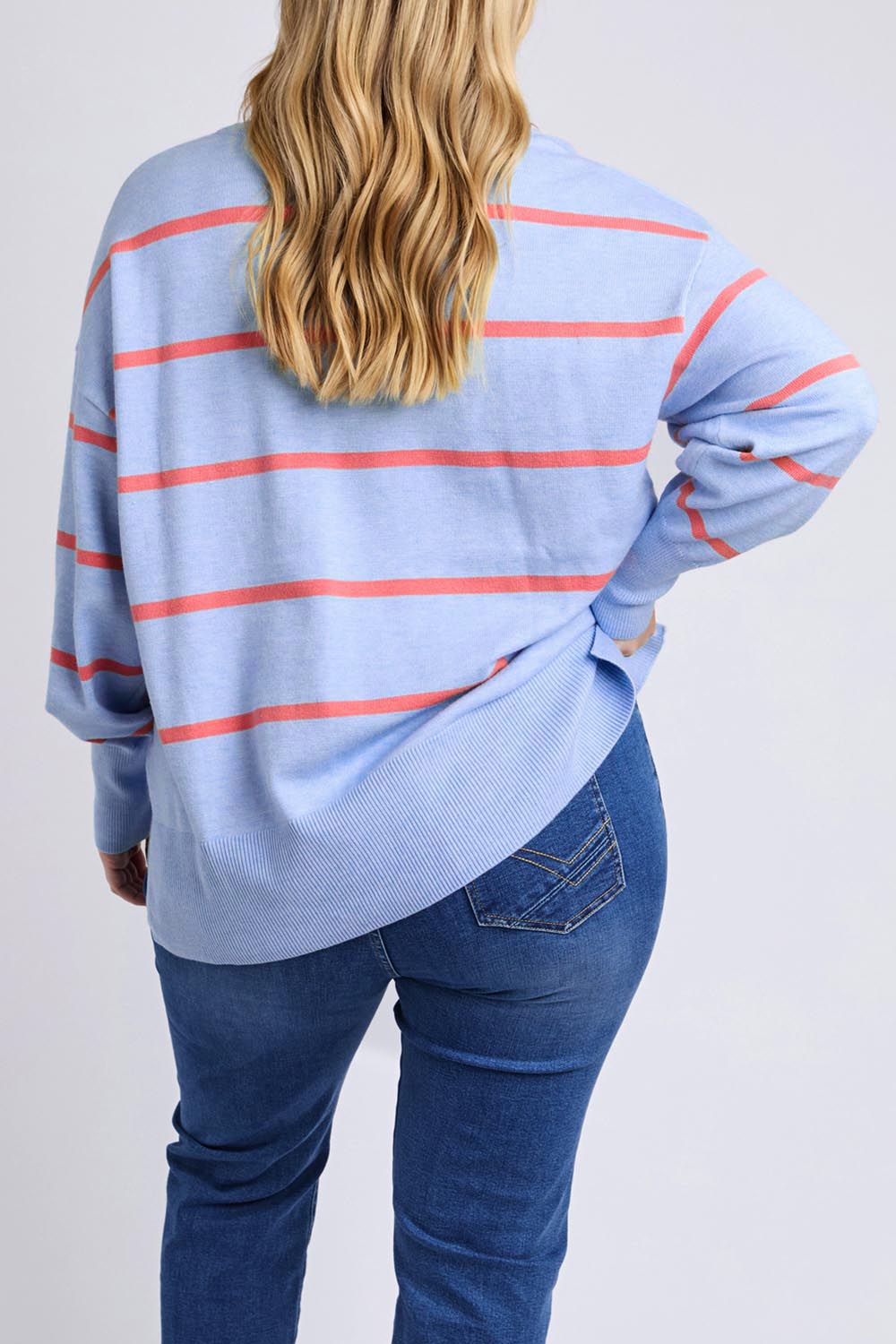 A model wearing the Charli Stripe Knit in colour Skyblue, from the back