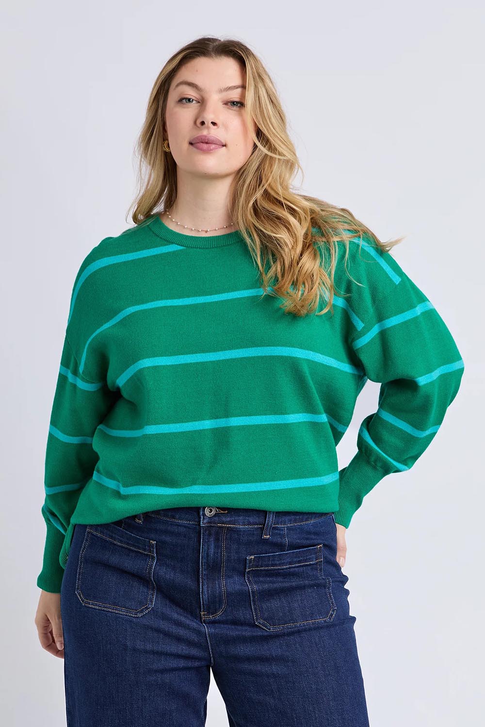 Model Genericm wearing size sample of the Charli Stripe Knit – Virdisgree in colour Virdisgree, in a cropped view