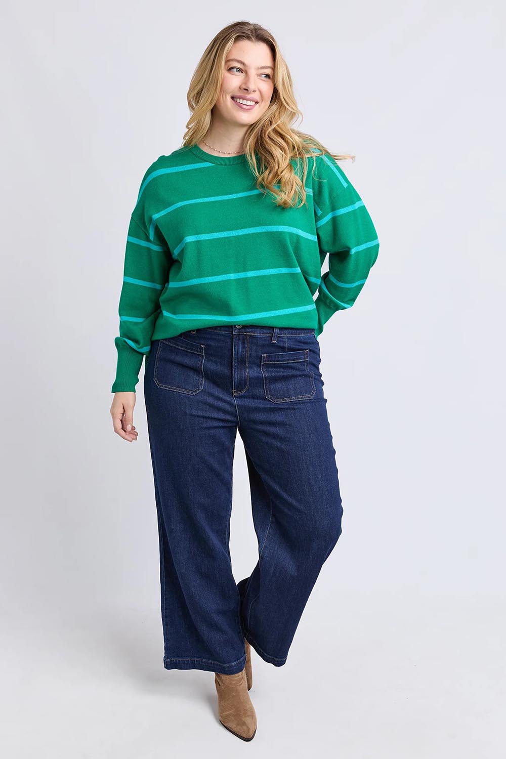 Model Genericm wearing size sample of the Charli Stripe Knit – Virdisgree in colour Virdisgree, from the front