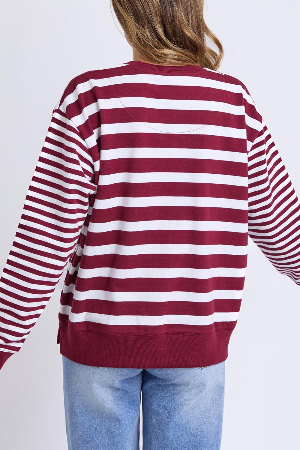 A model wearing the All Sorts Cotton Crew in colour Plum (Red), from the back