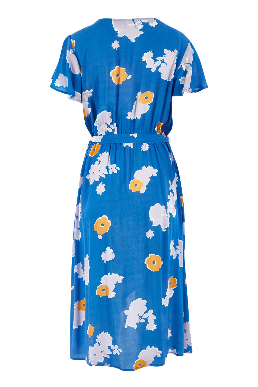 Product shot of the Petal Floral Wrap Dress in colour Petal (Blue), from the back