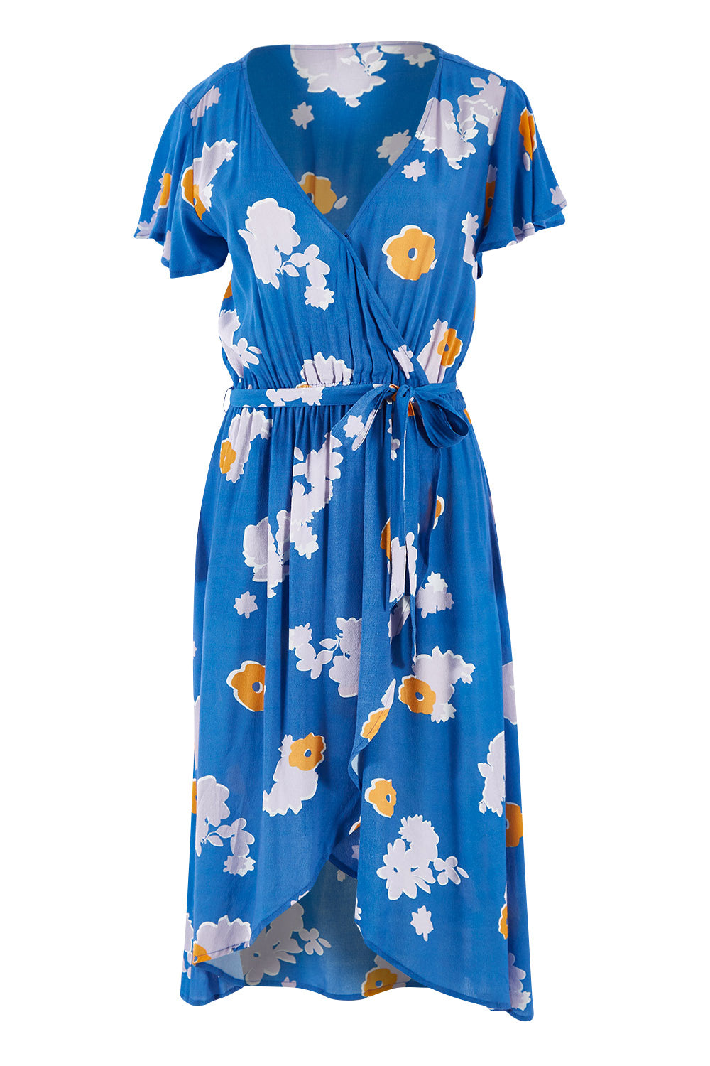 Product shot of the Petal Floral Wrap Dress in colour Petal (Blue), from the front