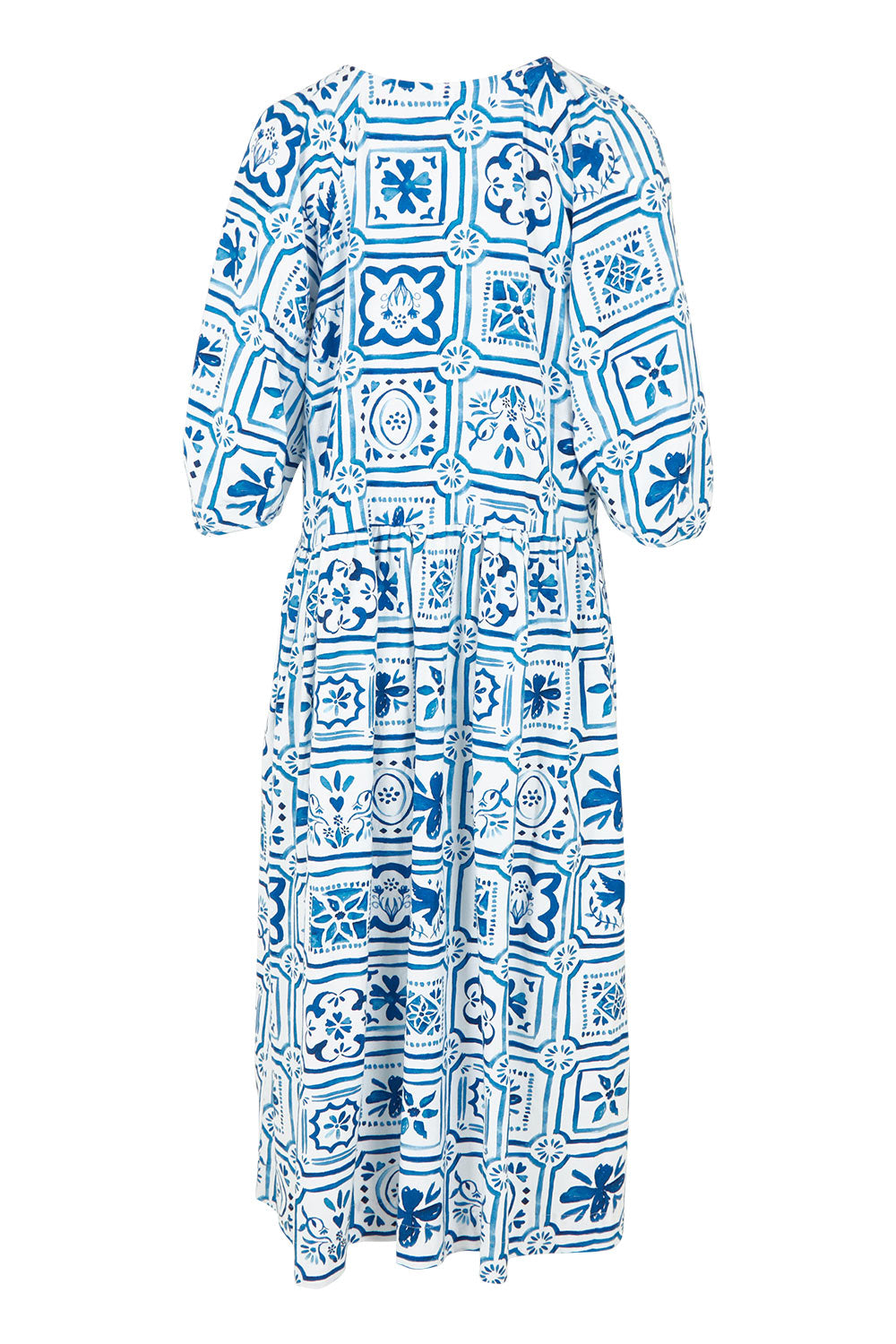 Product shot of the Dolce Tile Cotton Blend Midi Dress in colour Oceantile (Blue), from the back