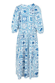 Product shot of the Dolce Tile Cotton Blend Midi Dress in colour Oceantile (Blue), from the back