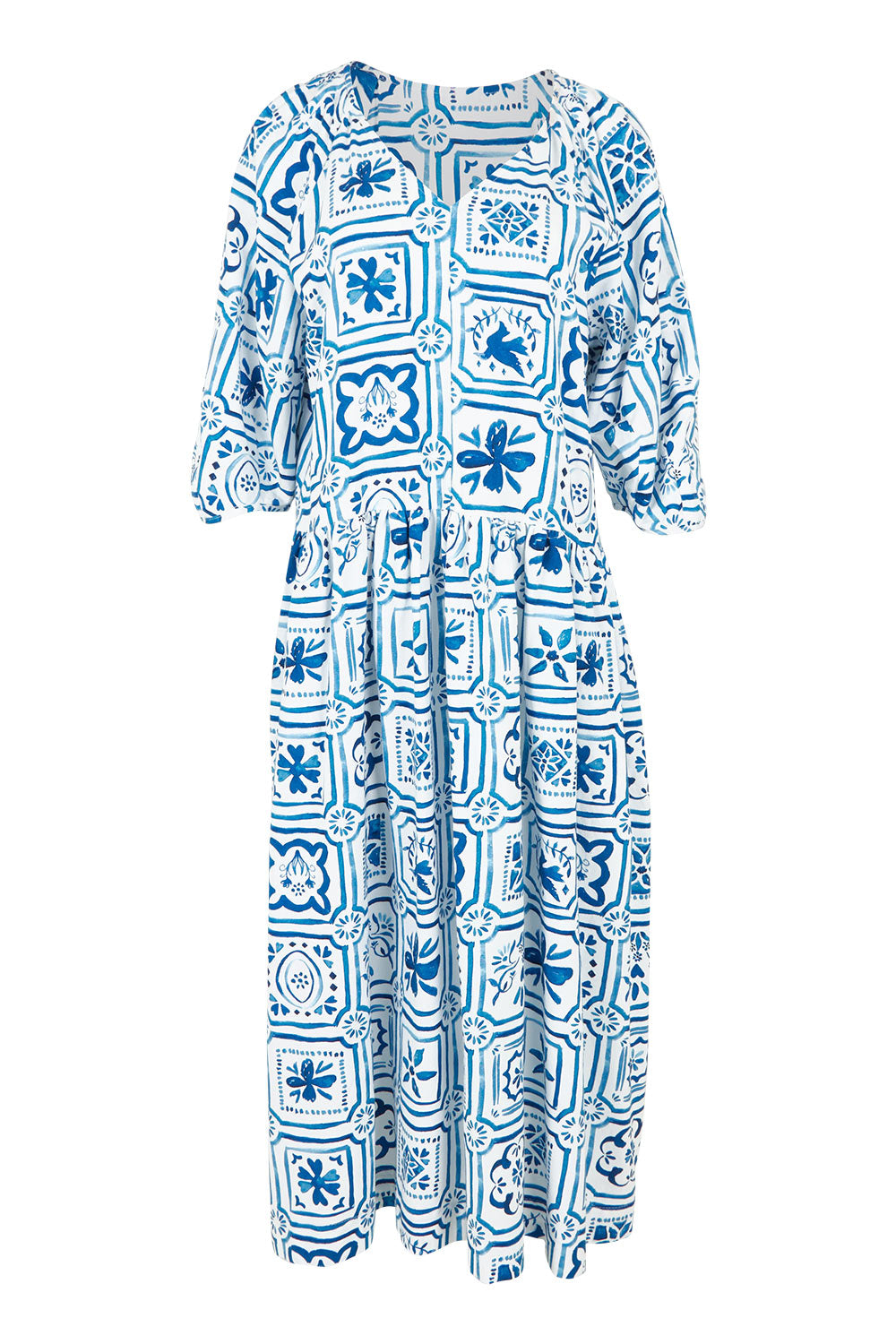 Product shot of the Dolce Tile Cotton Blend Midi Dress in colour Oceantile (Blue), from the front