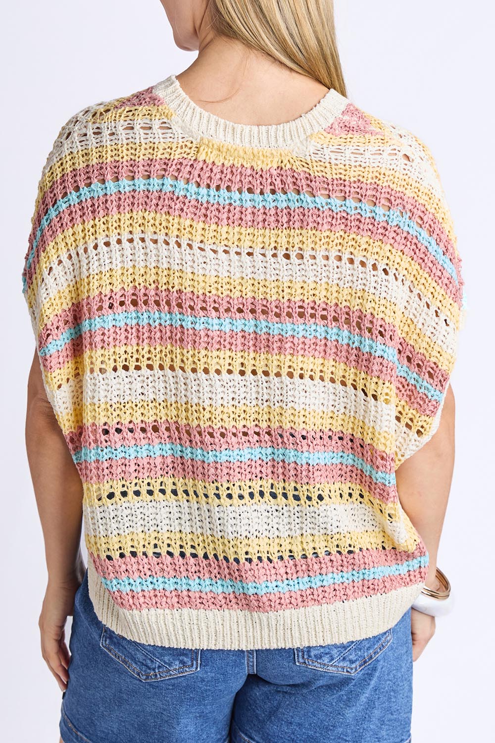 A model wearing the Striped Knit Top in colour Bluestripe, from the back