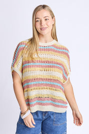 A model wearing the Striped Knit Top in colour Bluestripe, from the front, cropped image