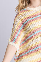 A model wearing the Striped Knit Top in colour Bluestripe, from the front, cropped image