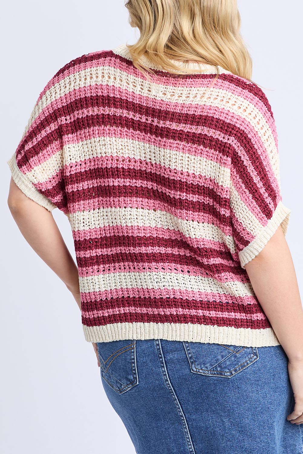 A model wearing the Striped Knit Top in colour Chateauros, from the back