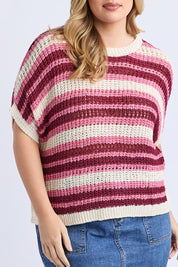 A model wearing the Striped Knit Top in colour Chateauros, from the front, cropped image