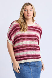 A model wearing the Striped Knit Top in colour Chateauros, from the front, cropped image