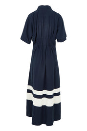 Product shot of the Scarlett Cotton Blend Midi Dress in colour Navystripe (Blue), from the back