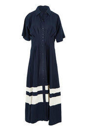 Product shot of the Scarlett Cotton Blend Midi Dress in colour Navystripe (Blue), from the front