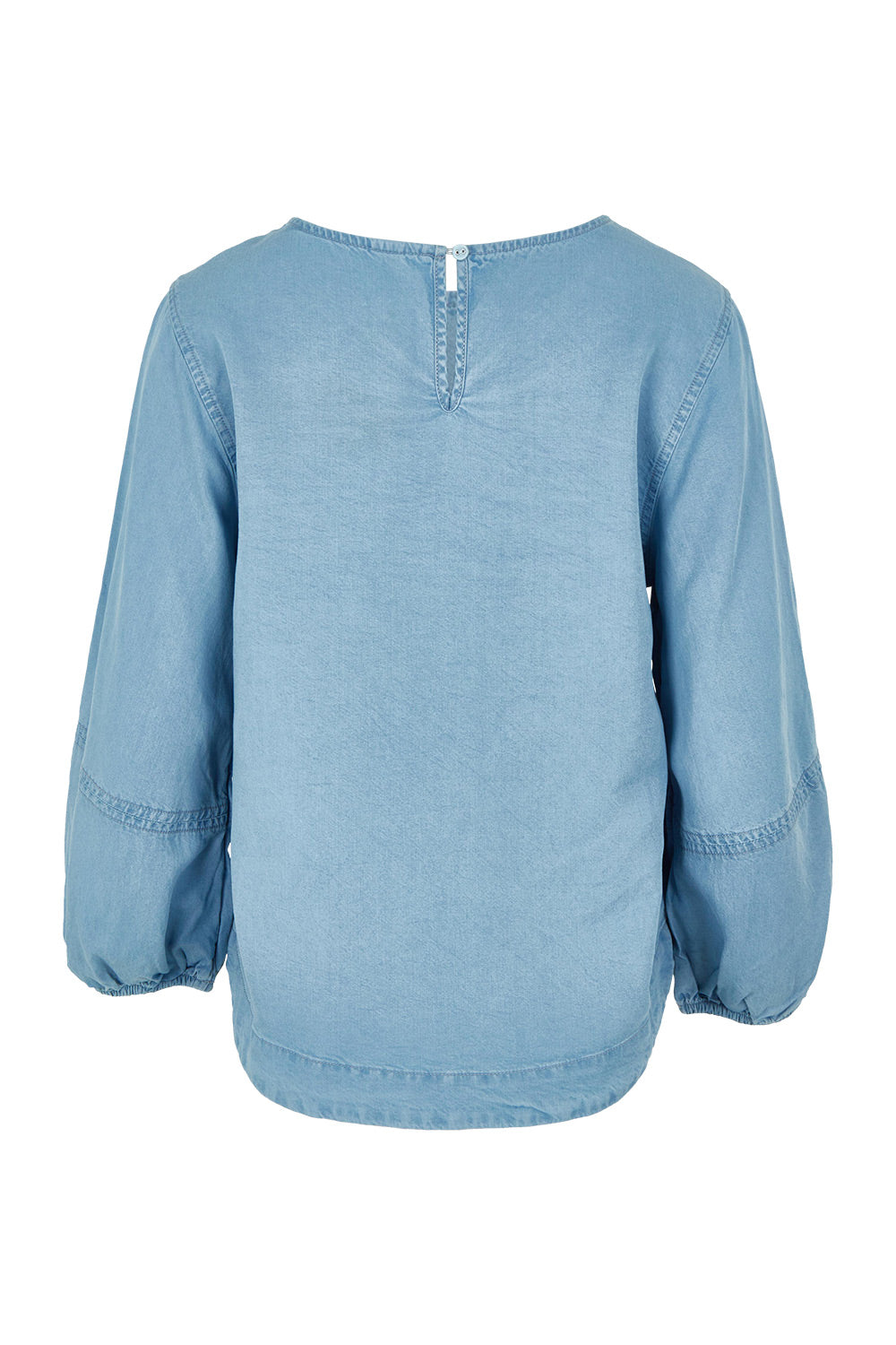 Product shot of the Della Lyocell Chambray Top in colour Midblue (Blue), from the back