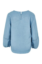 Product shot of the Della Lyocell Chambray Top in colour Midblue (Blue), from the back