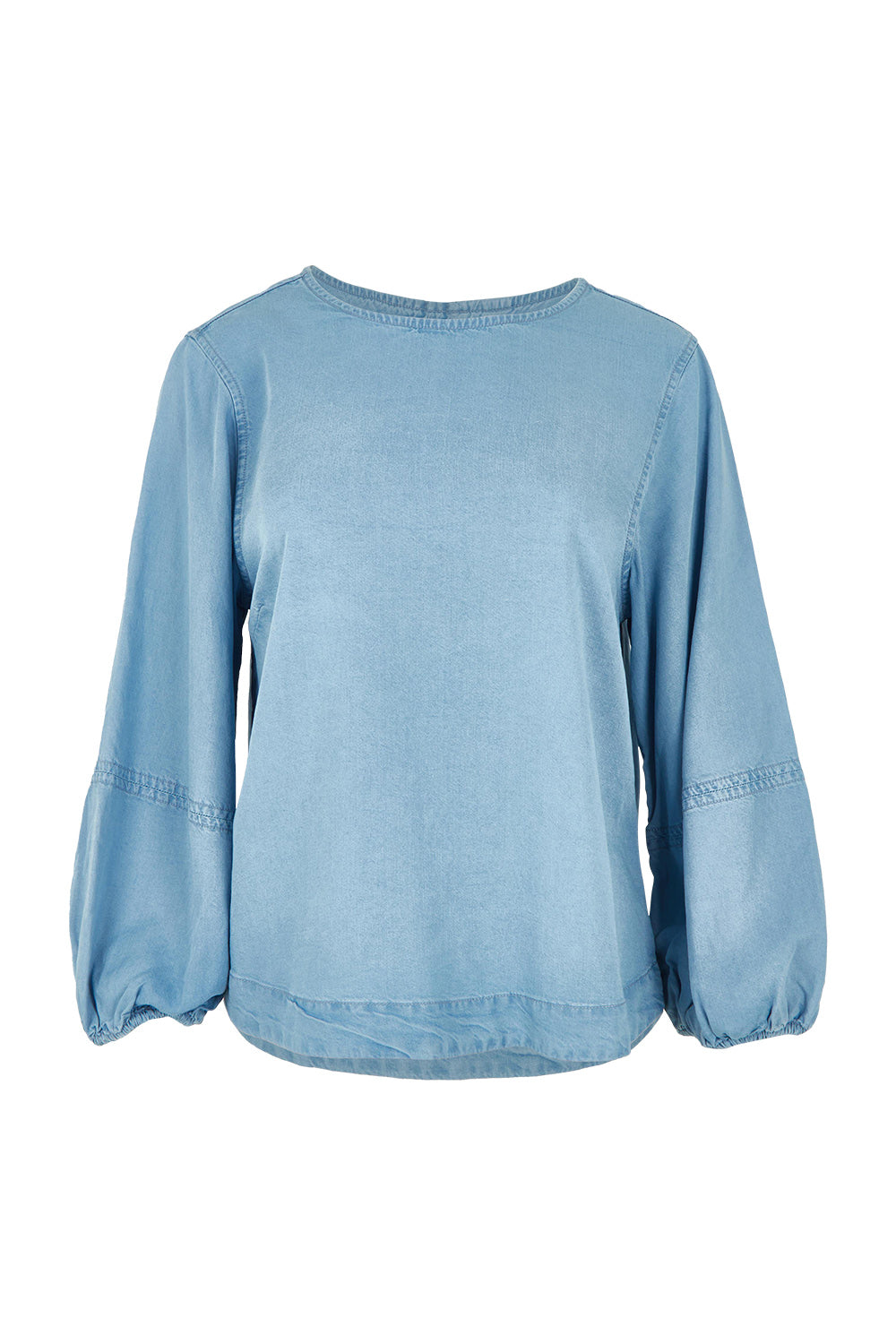 Product shot of the Della Lyocell Chambray Top in colour Midblue (Blue), from the front