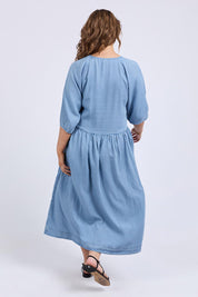 A model wearing the Sawyer Chambray Dress in colour Midblue (Blue), from the back