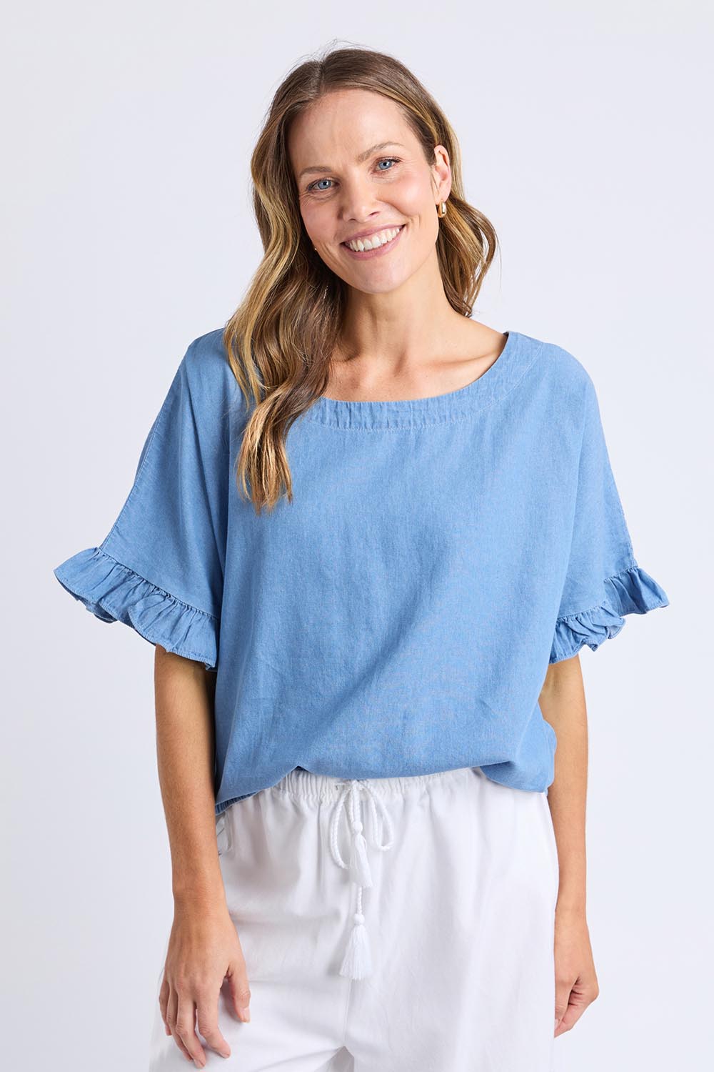 A model wearing the Tilda Chambray Shirt in colour Lightblue (Blue), from the front, cropped image