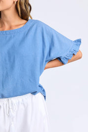 A model wearing the Tilda Chambray Shirt in colour Lightblue (Blue), from the front, cropped image