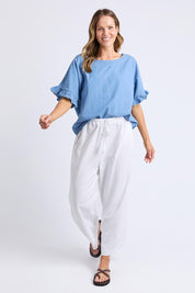 A model wearing the Tilda Chambray Shirt in colour Lightblue (Blue), from the front, showing the whole outfit