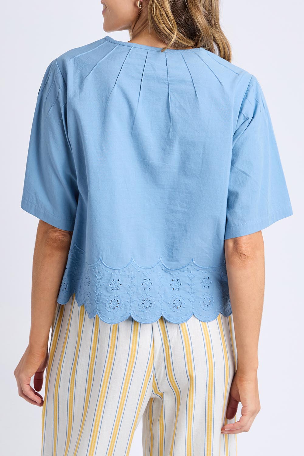 A model wearing the Brody Top in colour Blueshadow (Blue), from the back