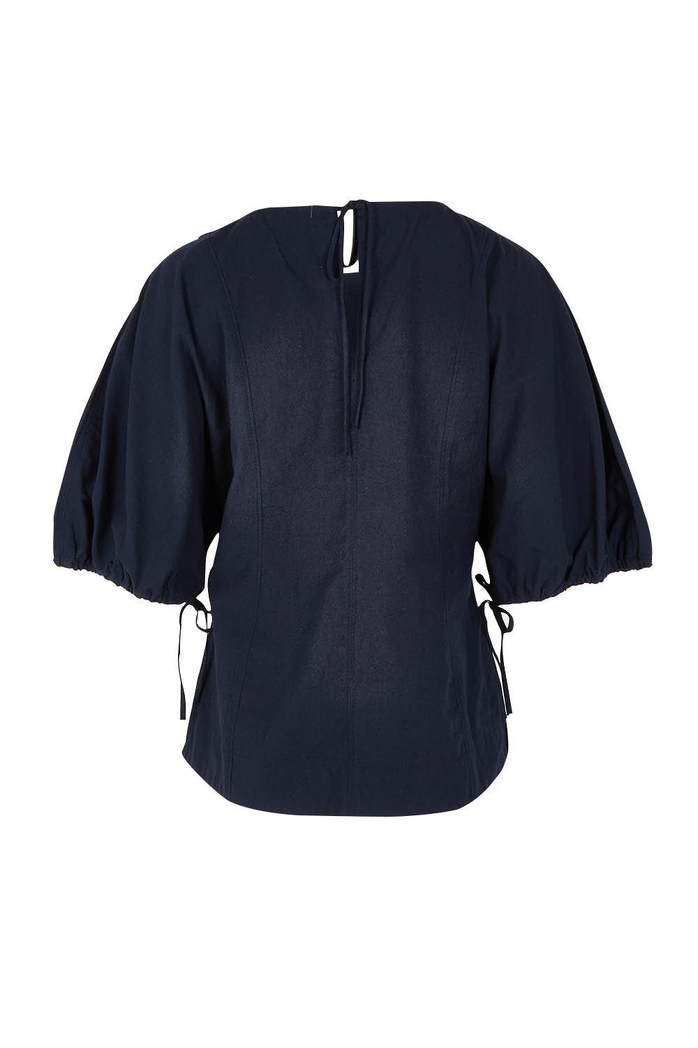 Product shot of the Marie Cotton Top in colour Navy (Blue), from the back