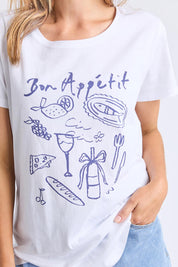 A model wearing the Bon Appetit Cotton Tee in colour White (White), from the front, cropped image