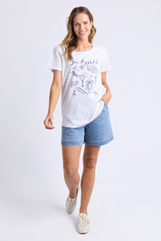 A model wearing the Bon Appetit Cotton Tee in colour White (White), from the front, showing the whole outfit