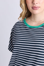 A model wearing the Sabrina Cotton Dress in colour Navywhite, from the front, cropped image