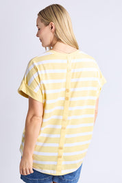 A model wearing the Maddison Cotton Tee in colour Banana, from the back