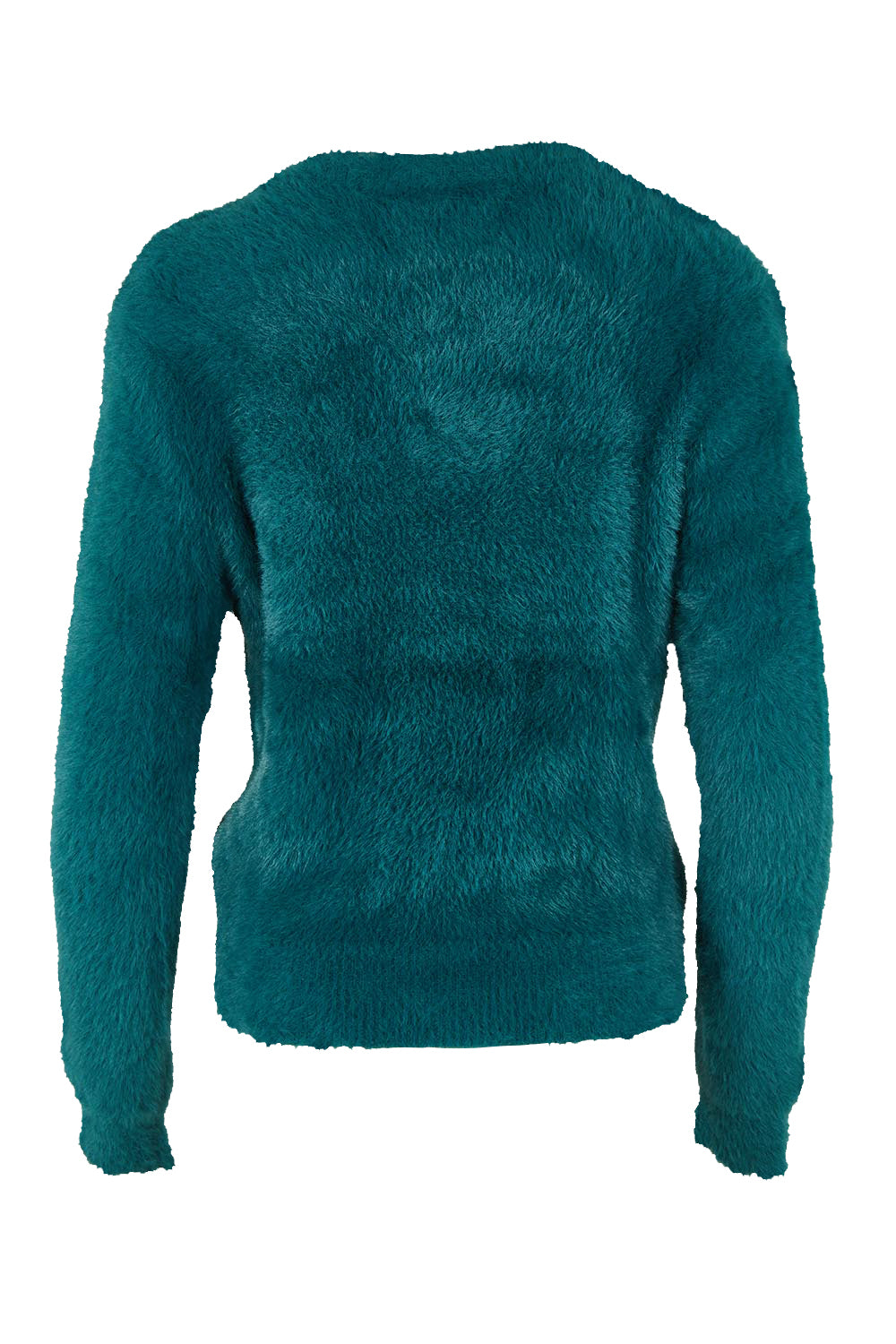 Product shot of the Paris Cardigan in colour Teal (Green), from the back