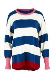 Product shot of the Elvie Block Stripe Knit in colour Navystripe, from the front