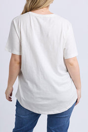 A model wearing the Amore Cerise Cotton Tee in colour Marshmello (White), from the back