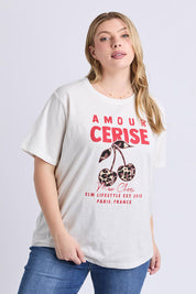 A model wearing the Amore Cerise Cotton Tee in colour Marshmello (White), from the front, cropped image