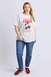 A model wearing the Amore Cerise Cotton Tee in colour Marshmello (White), from the front, showing the whole outfit