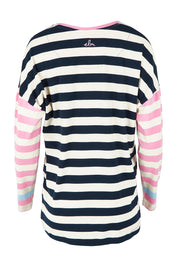 Product shot of the Gaeb Stripe Cotton Long Sleeve Tee in colour Whitenavy, from the back