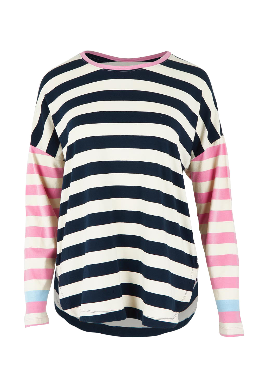 Product shot of the Gaeb Stripe Cotton Long Sleeve Tee in colour Whitenavy, from the front