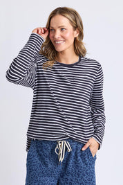 A model wearing the Drea Cotton Long Sleeve Tee in colour Navywhite, from the front, cropped image
