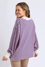 A model wearing the Riviera Polo Sweater in colour Navyred, from the back