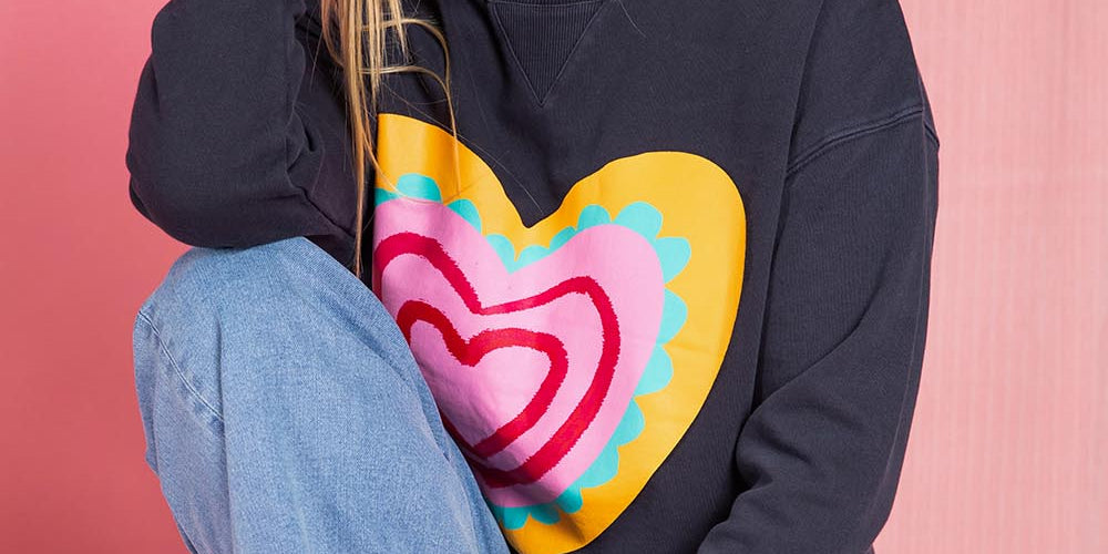Model Genericm wearing size sample of the Flaming Heart Crew – Navy in colour Navy, in a cropped view