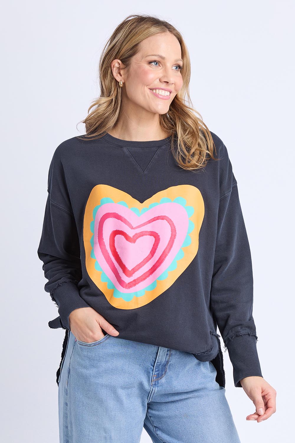 Model Genericm wearing size sample of the Flaming Heart Crew – Navy in colour Navy, in a cropped view