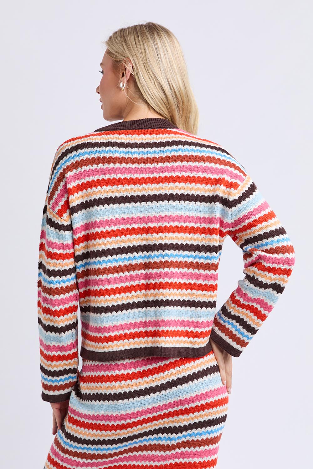 Model Genericm wearing size sample of the Retro Reef Long Sleeve Knit – Multi in colour Multi, from the back