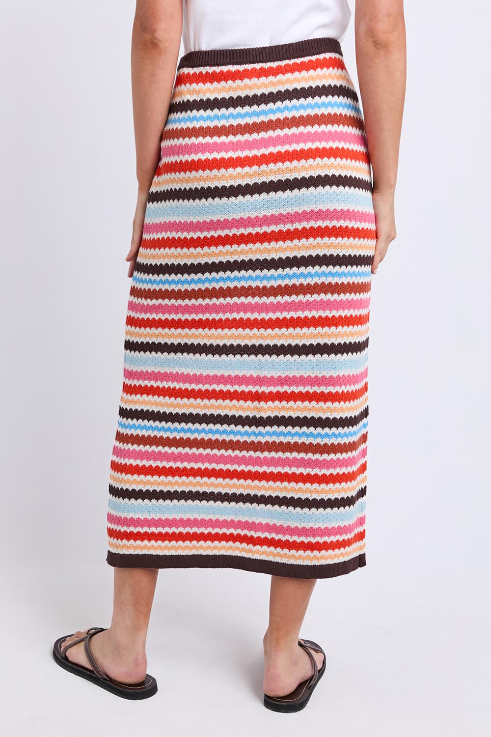 Model Genericm wearing size sample of the Retro Reef Knit Skirt – Multi in colour Multi, from the back