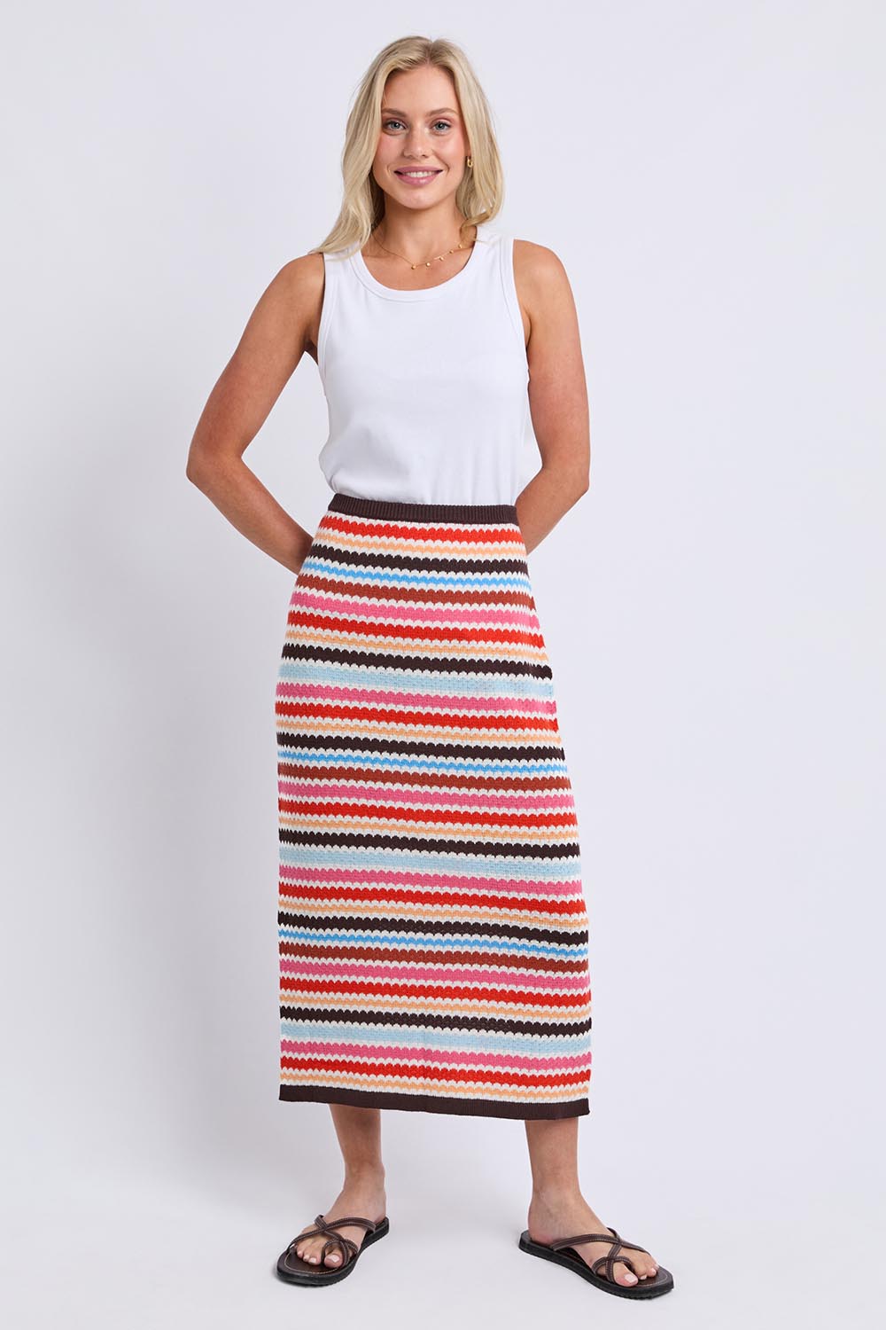 Model Genericm wearing size sample of the Retro Reef Knit Skirt – Multi in colour Multi, from the front