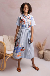 Model Genericm wearing size sample of the Golden Dress – Blue in colour Blue, from the front