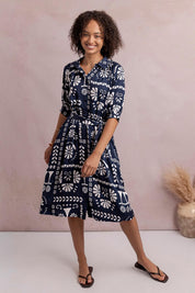 Model Genericm wearing size sample of the Jenny Dress – Navy in colour Navy, from the front