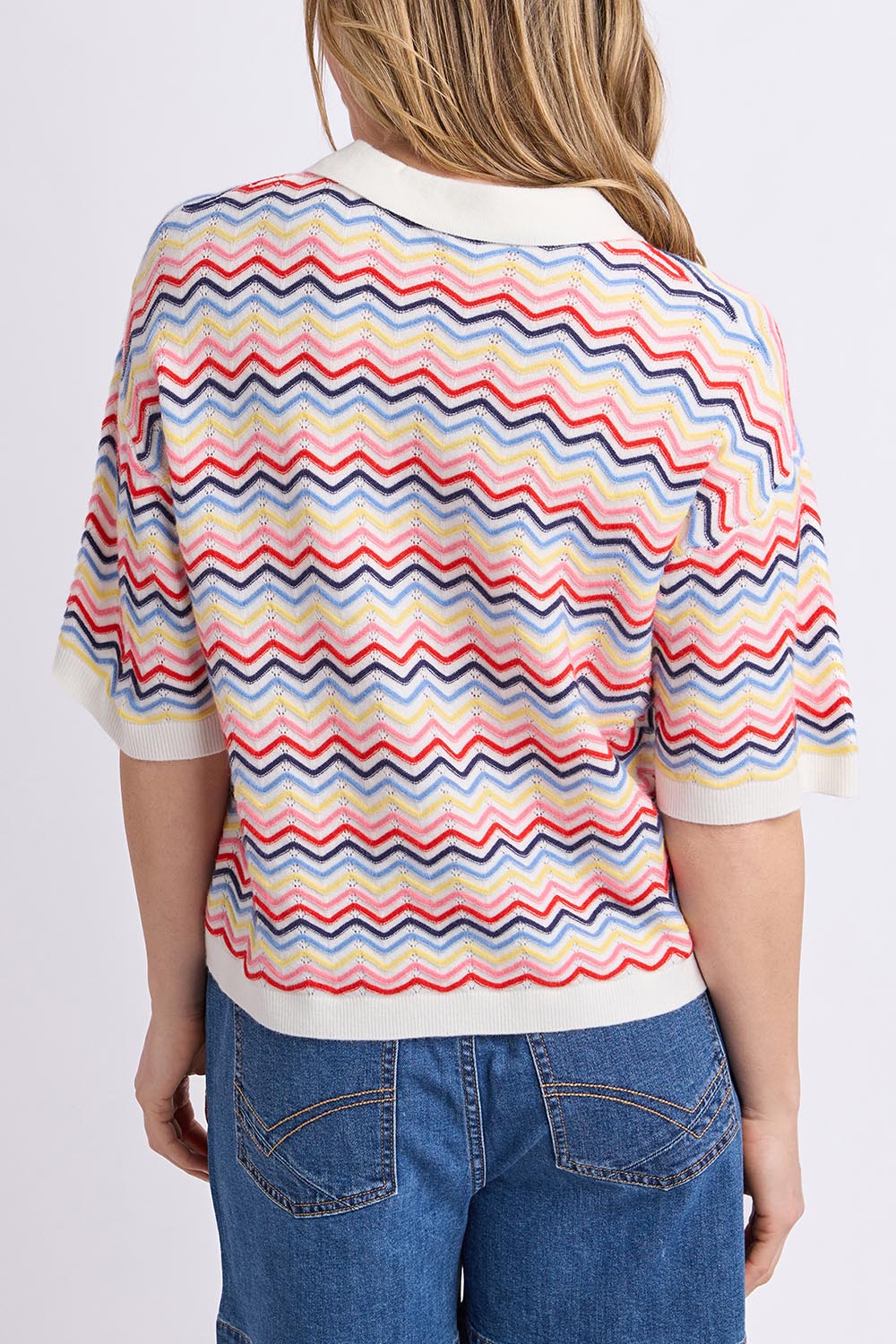 Model Genericm wearing size sample of the Market Morning Knit Polo – Multistrip in colour Multistrip, from the back