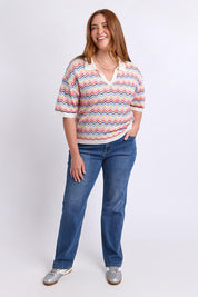 Model Genericm wearing size sample of the Market Morning Knit Polo – Multistrip in colour Multistrip, from the front